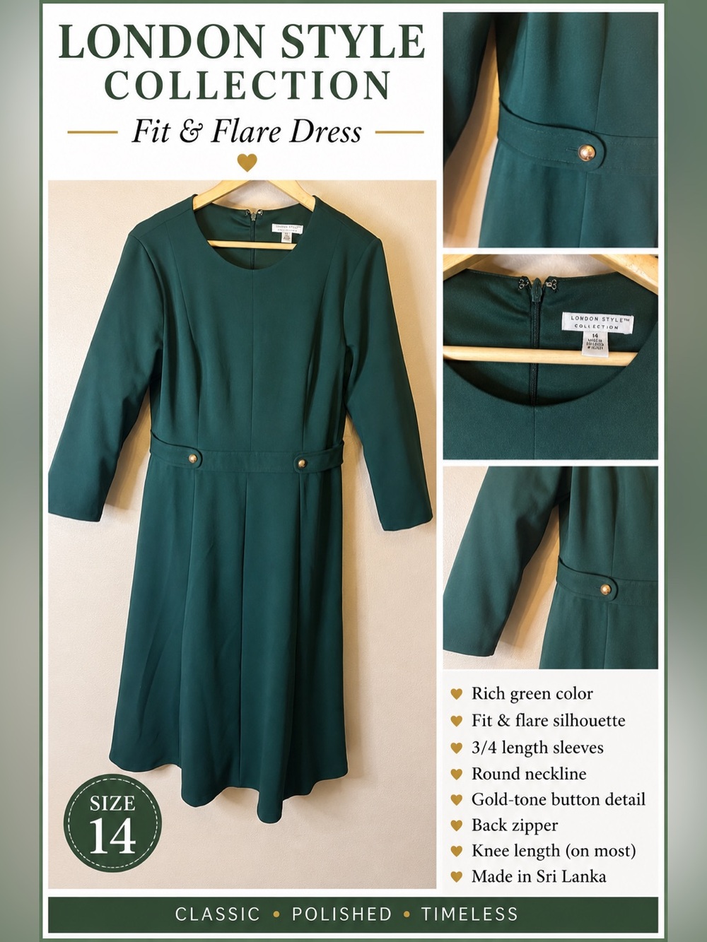 London Style Collection Green Fit & Flare Dress Size 14 3/4 Sleeve